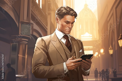 Refined Stockbroker: A confident figure in an Art Deco suit, holding a phone, exuding the essence of sophistication and refinement