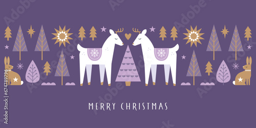 Merry Christmas vector illustration for greeting cards, posters, holiday covers in modern minimalist nordic folk style. Web banner, horizontal background.