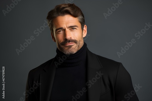 Stylish man in a turtleneck sweater, on a minimalistic simple bright background. generative AI