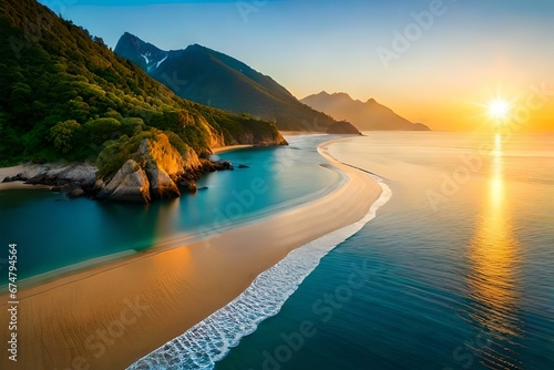 An aerial beautiful shot of a seashore with hills on the background at sunset - AI Generative