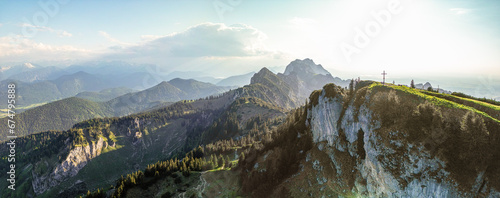 Brauneck Bavarian Alps mountain peak at sunset. Karwendel Aerial Panorama