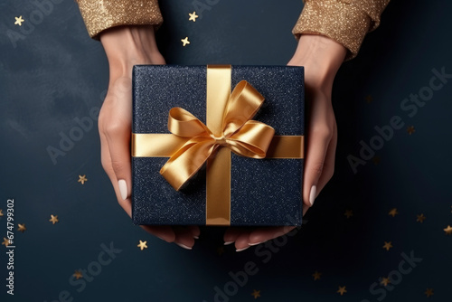 overhead view, womans hands holding a luxury gift box with gold bow against a dark blue background with some golden sparkles. Close up. New Year present.