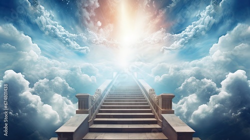 Dramatic religious background - heaven and hell, staircase to heaven, light of hope from blue skies