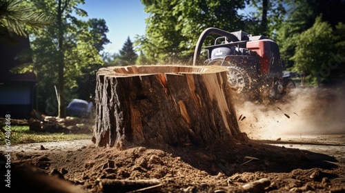 Stump grinder grinding down tree stump on a sunny day