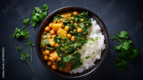 Vegan chickpea potato curry with rice and kale in blue bowl, gray background, top view. Alternative plant-based eco friendly food concept.