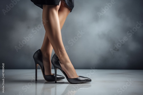 Female legs with black high heel shoes, gray background. Generative AI