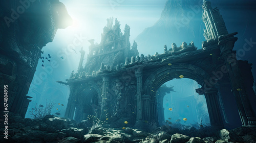 Mysterious ruins of an ancient temple underwater.