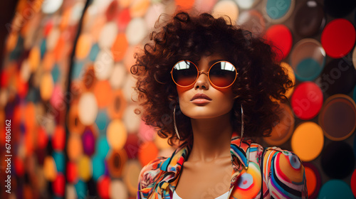 Fiesta Retro: Joven Latina Deslumbra con su Estilo de los Años Dorados fondo multicolor retro grandes lentes y estilo vintage, 70s