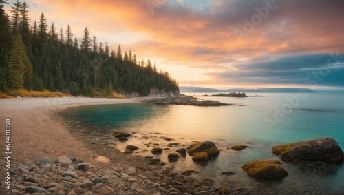 Serene Canadian coastline at sunset with a clear view of calm turquoise waters, pebbly shores, and dense evergreen forests.
