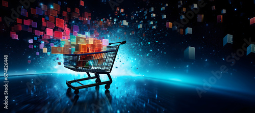 shopping cart brimming with colorful cubes set against a blue technology backdrop. Ideal for e-commerce and digital marketplaces