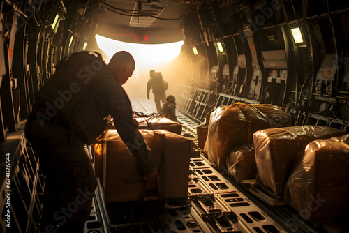 Dedicated soldiers meticulously loading cargo onto a military transport aircraft, showcasing their precision and teamwork in critical logistical operations