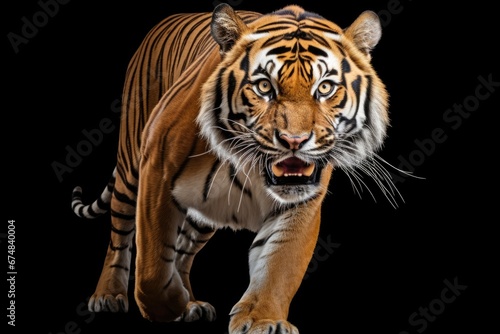 A powerful tiger walking across a black background. Perfect for adding a touch of wildness and strength to any project.