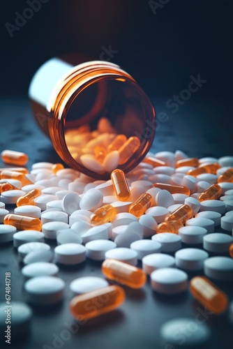 A detailed view of a bottle of pills placed on a table. This image can be used to depict concepts related to healthcare, medicine, prescription drugs, addiction, or mental health