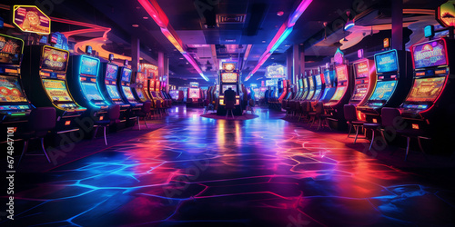 Neon-lit casino floor, vibrant slot machines, excited gamblers, wide-angle shot capturing the euphoria