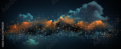 abstract digital cloud background, dark blue and orange ambiance, cloud computing. 