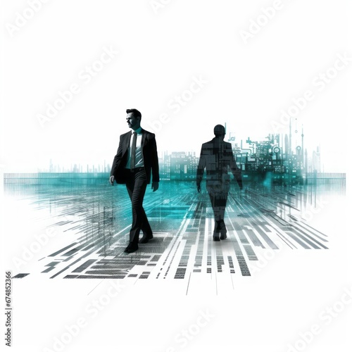 A CIO and an IT advisor are depicted in a 2D image, navigating a digital evolution roadmap with black, white, and teal color schemes.