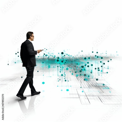 An image in 2D portrays a CIO and an IT advisor walking together along a digital evolution roadmap, utilizing black, white, and teal tones.