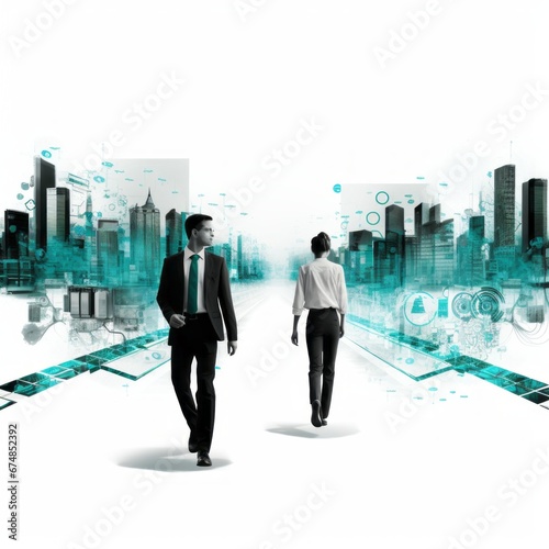 A 2D image illustrating a Chief Information Officer (CIO) walking alongside an IT advisor through a digital evolution roadmap, presented in black, white, and teal colors.