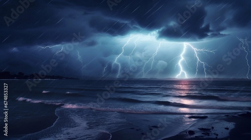 Dark mysterious monsoon cyclone storm clouds and multiple bolts of lightning. Tranquil eye of the storm above tropical Ocean at night. Conceptual establishing shot of powerful hurricane weather.