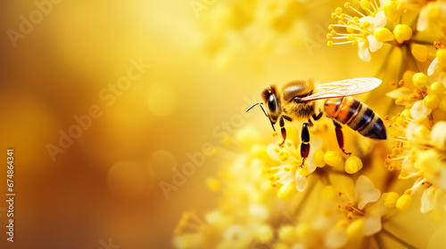 bee foraging on a flower with a bokeh background