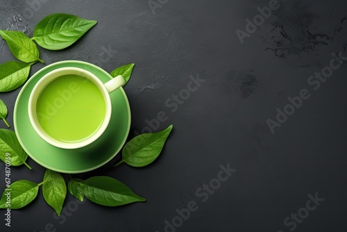 Healthy Light Green Tea Cup with Fresh Green Leaves