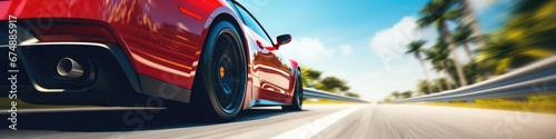 Ultrawide red sports car riding on highway road wallpaper. Car in fast motion 4k. Fast-moving car. Fast-moving supercar on the street.