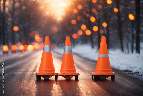 Two traffic cones on winter road. ai generative. ai generative