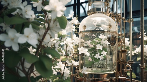 Generative AI, Essential oil extraction with distillery machine with jasmine white flowers 