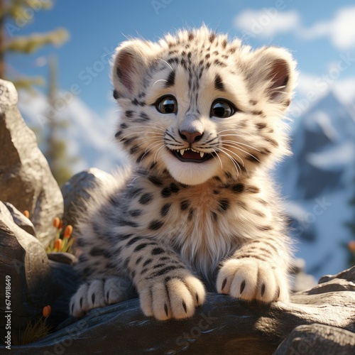 Snow leopard cartoon character 3d illustration for children. Cute fairytale print with snow leopard for clothes, stationery, books, goods. Banner of toy baby snow leopard 3D. Cartoon character 3d snow
