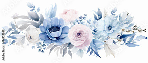fondo romantico con flores en tonos pastel, azules, rosas y grises sobre fondo blanco. Concepto celebraciones e invitaciones de boda, cumpleaños, aniversarios y dia de la madre