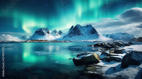 Aurora Borealis, Lofoten islands, Norway. Nothen light and reflection on the lake surface. Winter landscape at the night time. Norway travel - image