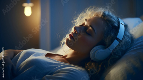A Woman Wearing Headphones Sleeping on a Bed