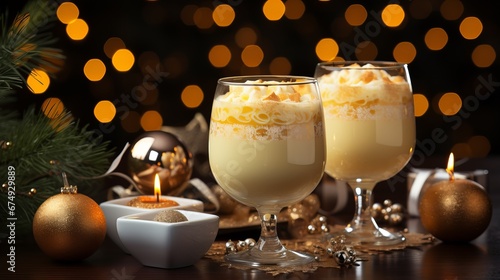 Eggnog in a glass, decorated with whipped cream and nutmeg, winter cocktail of raw eggs and spices on a dark wooden table. Background of Christmas lights.