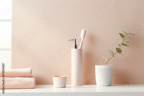 Bathroom interior with toothbrush, towels and plant on shelf
