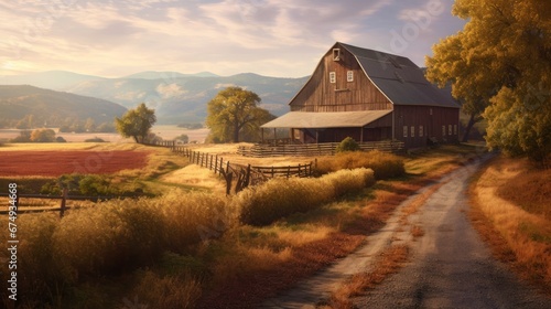 A rustic country barn surrounded by rolling hills AI generated illustration