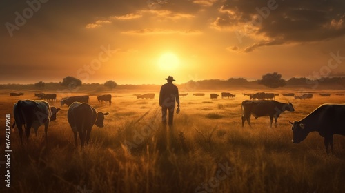 a man standing in a field with a herd of cows AI generated illustration