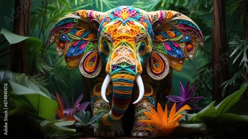 A colorful elephant statue in a jungle setting. Generative AI.