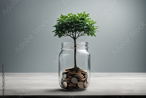 Front view of plant growing from jar with coins and copy space