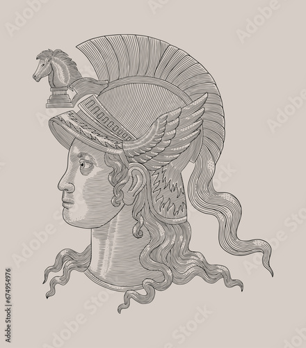 Goddess athena from greek roman, vintage engraving drawing style illustration