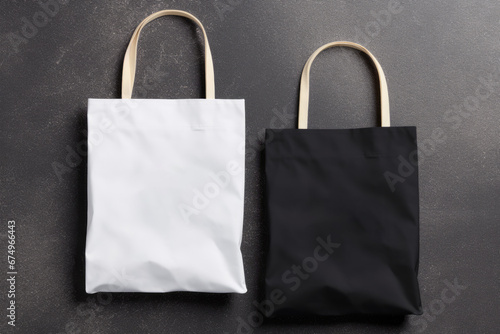 Two Tote Bags mockup, top view on grey background