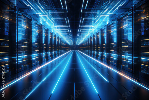 A massive data center with rows of servers processing information, representing the Concept of information technology infrastructure. Generative Ai.