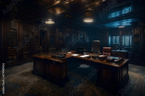 An office with a time-travel theme, featuring elements from different historical eras.