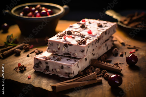 Truffled chocolate nougat with spiked cherries spanish