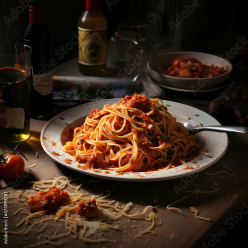 Spaghetti with tomato sauce on the dining table.Generative AI illustration