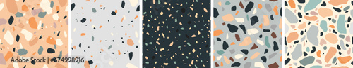 Terrazzo seamless pattern collection in natural pastel colors with abstract mosaic stone shapes. Realistic modern terrazo minimalist art background set ideal for print, fashion or trendy design.