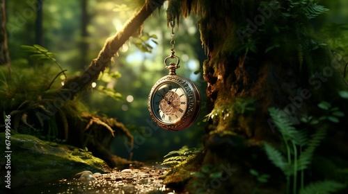AI generated illustration of an antique pocket watch hanging on a green branch