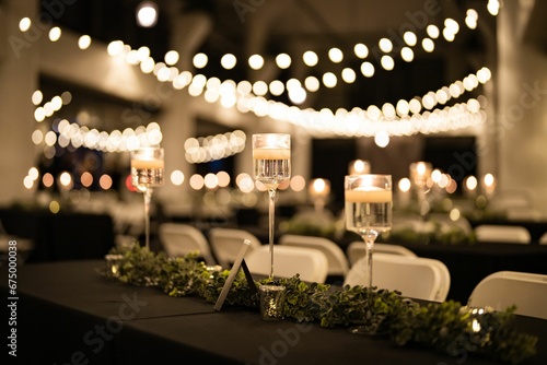 Classic Evening Wedding reception with candles and string bulb lights