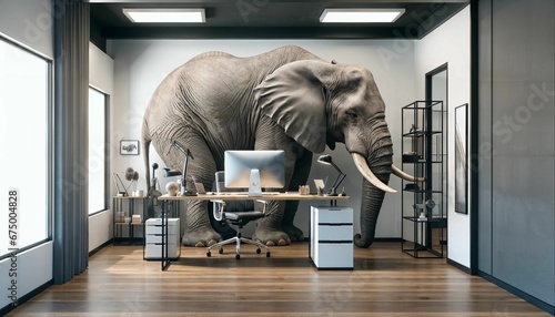 Elephant in the room concept. Huge elephant in a small office room.