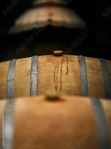 Vertical shot of a room filled with stacked wine barrels