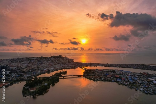 Aerial view of a stunning sunset over Monrovia, Liberia.